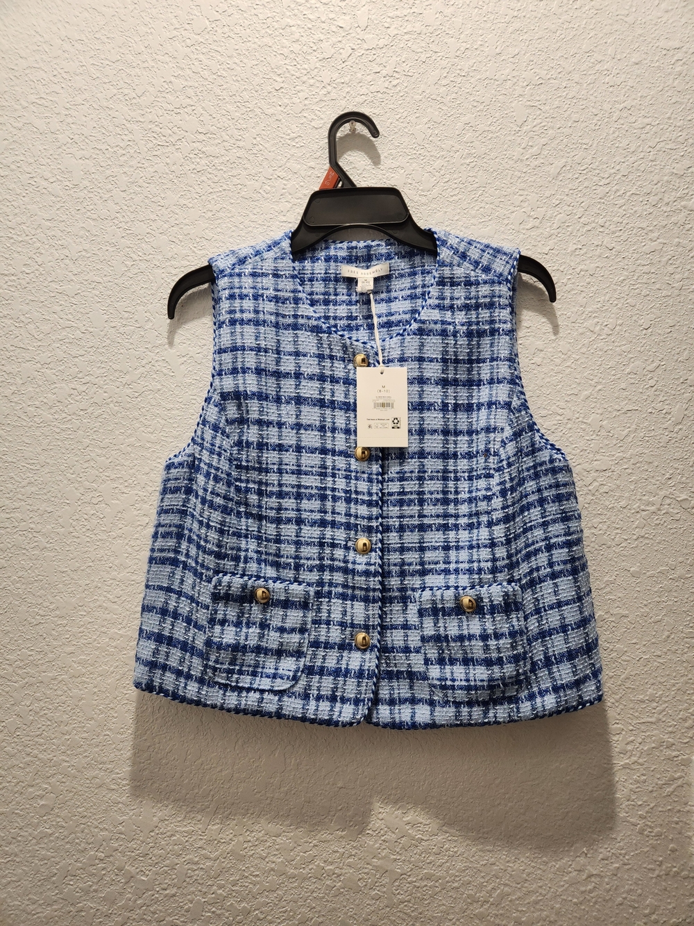 Blue Plaid Tweed Vest with Gold Buttons